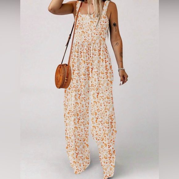Boho Floral Print Wide Leg Palazzo Pants Jumpsuit - Picture 4 of 5
